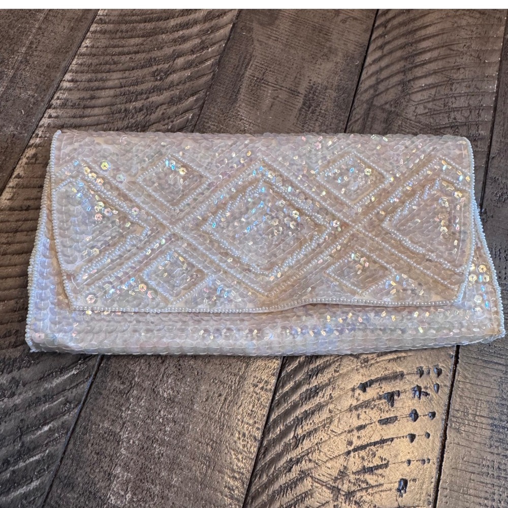 La Regale Sequin Clutch Women Iridescent White Beaded Geometric Evening Bag